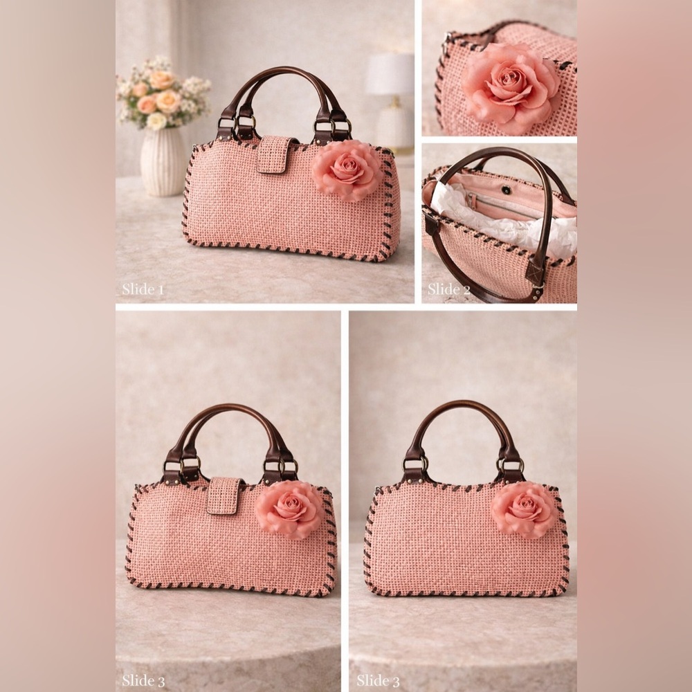 Blush Pink Woven Boutique Handbag Rose Detail Special Occasion Purse 12.5in - Picture 3 of 4